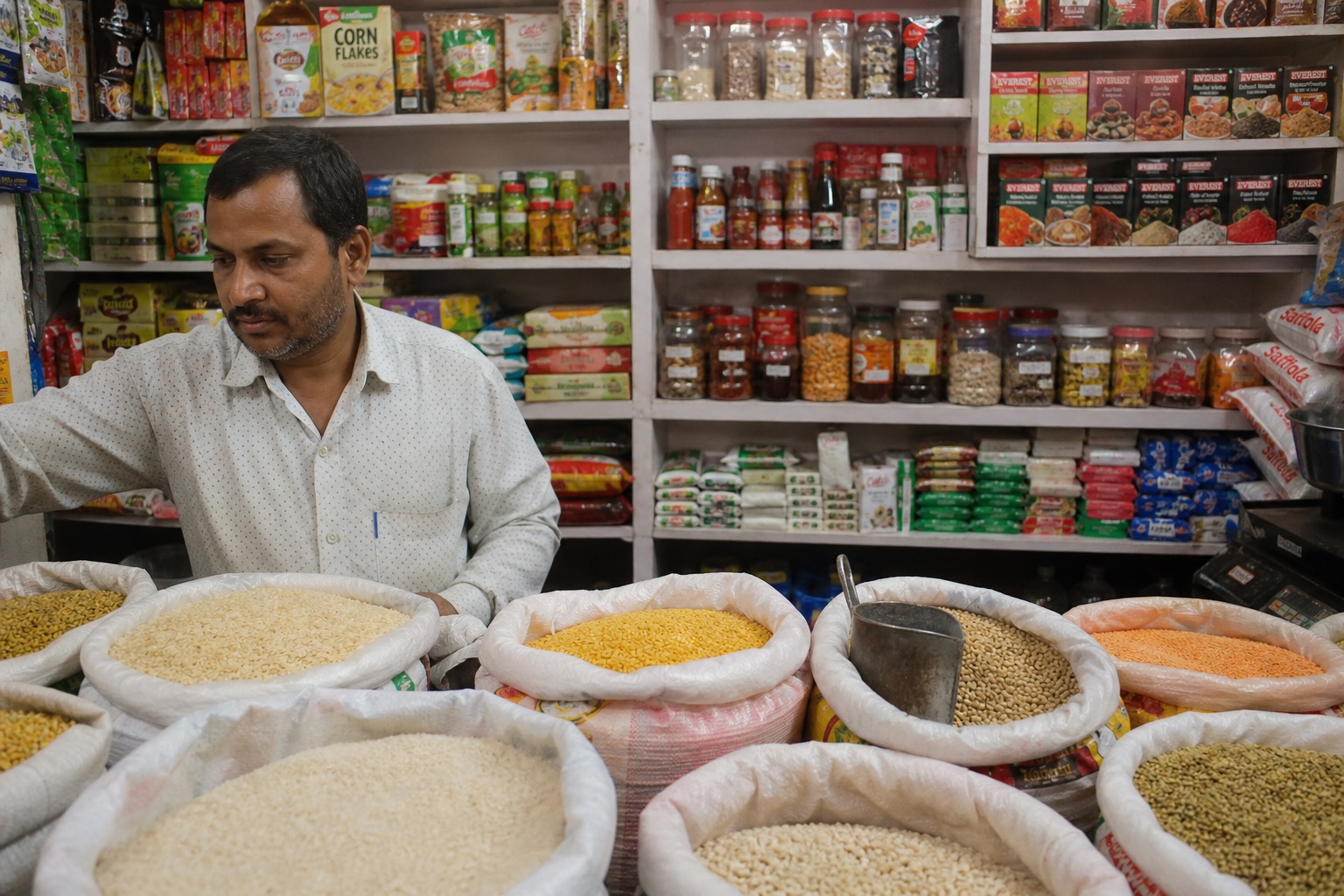 Indian provision shop with rice, dal, and spice jars