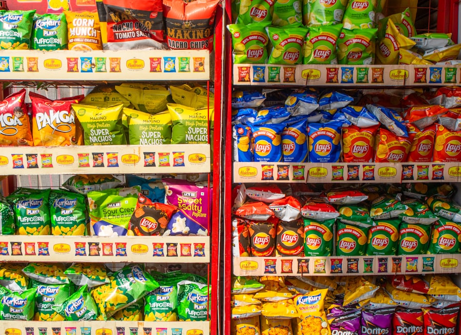 Indian kirana shop shelves stacked with snack packets