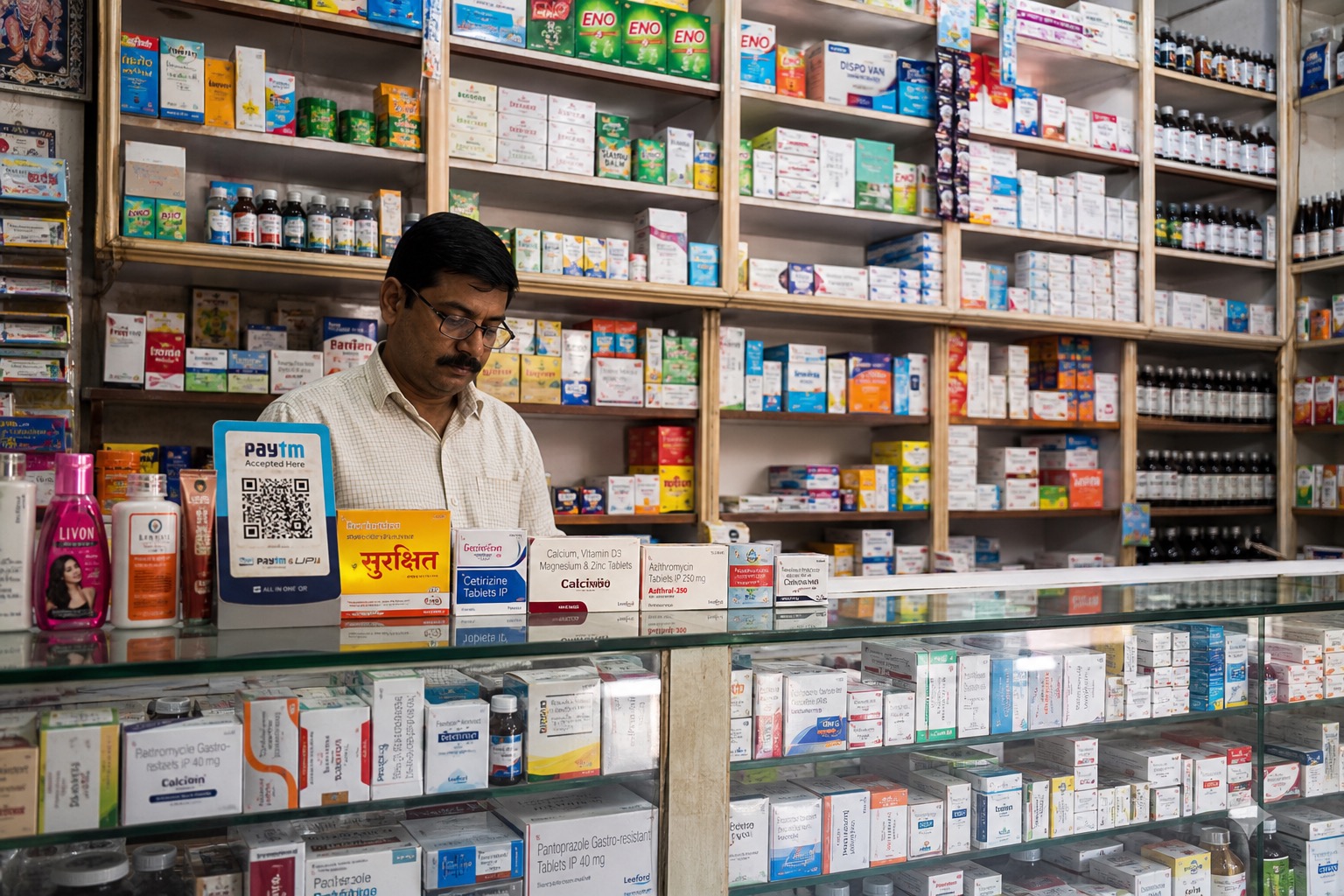 Indian chemist shop shelves packed with medicine boxes