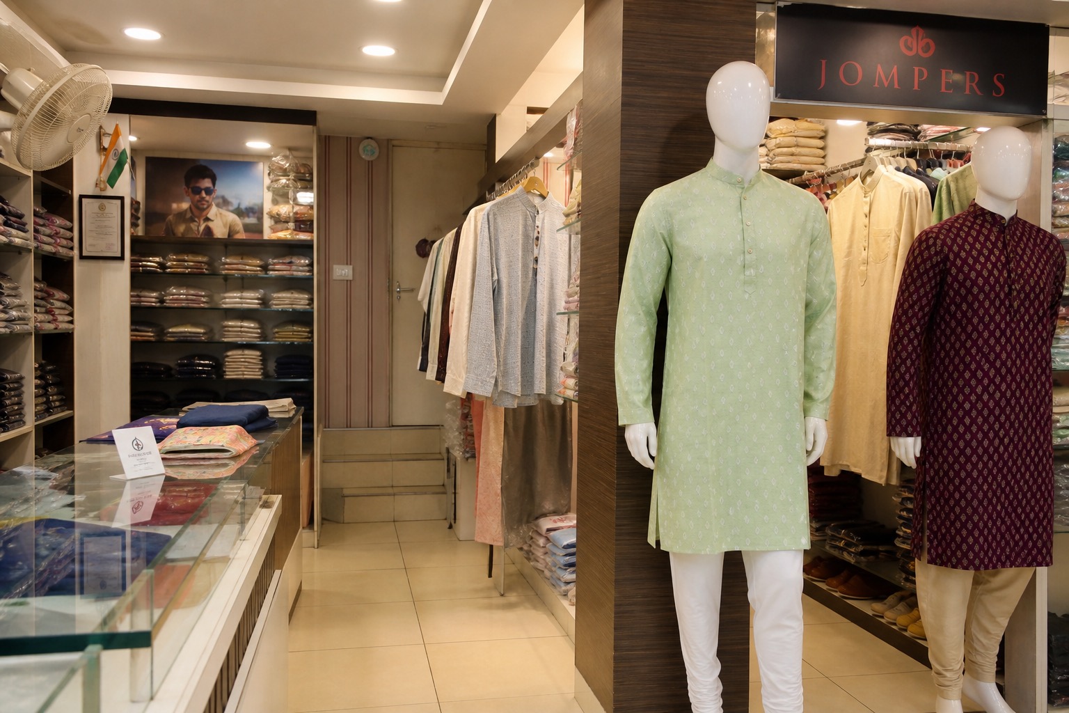 Indian retail clothing shop with mannequins and garment shelves