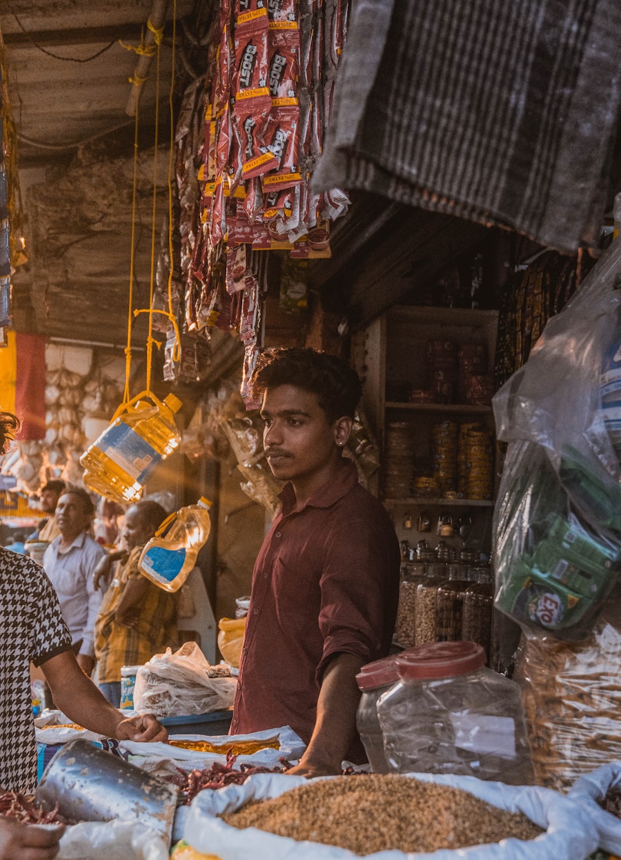 Indian wholesale grocery counter with grains and packaged goods