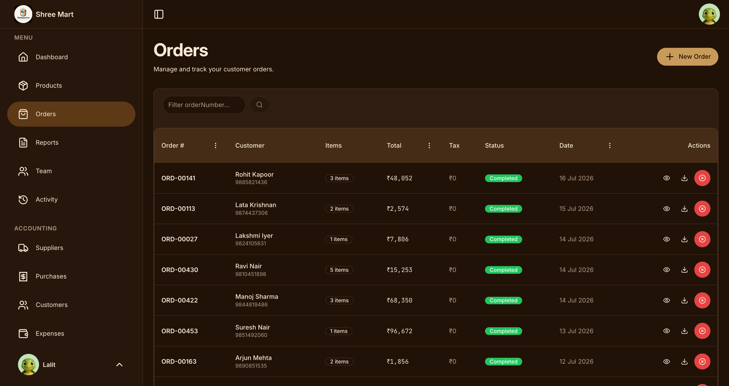 Bhandar orders screen with GST billing list